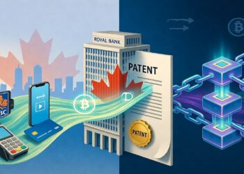 Edificio de RBC junto a tarjeta y terminal mientras Bitcoins fluyen hacia cubos brillantes tipo blockchain, con documento de patente al centro, simbolizando innovación financiera.