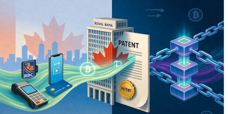 Edificio de RBC junto a tarjeta y terminal mientras Bitcoins fluyen hacia cubos brillantes tipo blockchain, con documento de patente al centro, simbolizando innovación financiera.