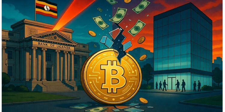 Bitcoin dorado rompiéndose entre billetes frente al Banco de Uganda y edificio moderno, con cielo dramático que sugiere tensión entre banca tradicional y cripto.