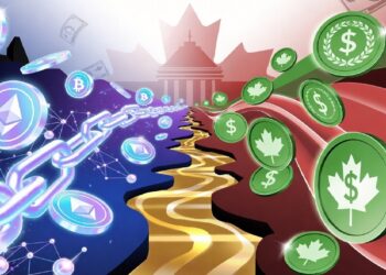 Criptomonedas brillantes y nodos azules contrastan con monedas verdes y edificio canadiense, separados por río dorado que sugiere flujo entre sistemas digitales y tradicionales.