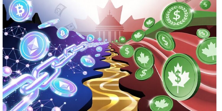 Criptomonedas brillantes y nodos azules contrastan con monedas verdes y edificio canadiense, separados por río dorado que sugiere flujo entre sistemas digitales y tradicionales.