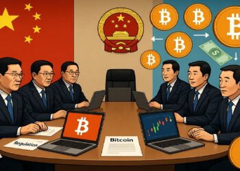 Funcionarios en reunión formal con portátiles que muestran gráficos y símbolos de bitcoin, frente a emblemas chinos y señales de intercambio que sugieren debate regulatorio.