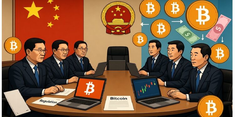 Funcionarios en reunión formal con portátiles que muestran gráficos y símbolos de bitcoin, frente a emblemas chinos y señales de intercambio que sugieren debate regulatorio.