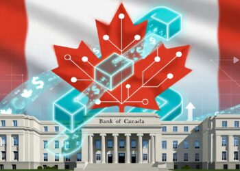 Edificio del Banco de Canadá detrás de gran hoja de arce roja con gráficos digitales y cubos tecnológicos, evocando integración de blockchain en el sistema financiero nacional.