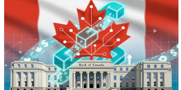 Edificio del Banco de Canadá detrás de gran hoja de arce roja con gráficos digitales y cubos tecnológicos, evocando integración de blockchain en el sistema financiero nacional.