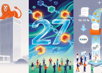 Edificio financiero europeo, red de cubos con número 27 y equipos colaborando, junto a flujos de documentos y monedas hacia R3CEV, Qatar Central Bank y alianza blockchain europea.