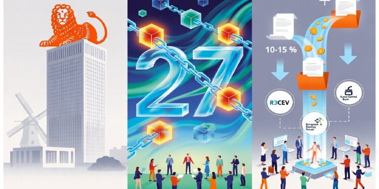 Edificio financiero europeo, red de cubos con número 27 y equipos colaborando, junto a flujos de documentos y monedas hacia R3CEV, Qatar Central Bank y alianza blockchain europea.