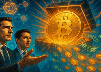 Dos personas de negocios frente a un bitcoin luminoso que emerge de un cofre dorado, rodeado de monedas y billetes sobre un fondo con patrones financieros digitales.