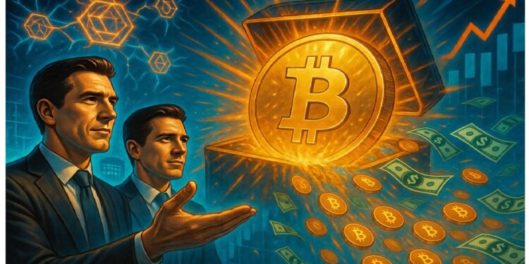 Dos personas de negocios frente a un bitcoin luminoso que emerge de un cofre dorado, rodeado de monedas y billetes sobre un fondo con patrones financieros digitales.