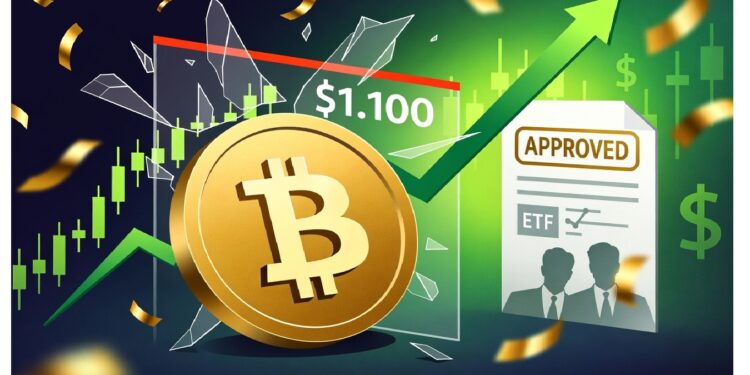 Bitcoin dorado con flecha verde ascendente frente a gráficos financieros y documento ETF aprobado, aludiendo a impulso del mercado tras autorización regulatoria.