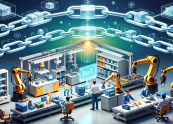 Laboratorio industrial con brazos robóticos y personal en escritorios, bajo cadena digital luminosa y bloque central conectado que alude a IIoT y automatización segura.