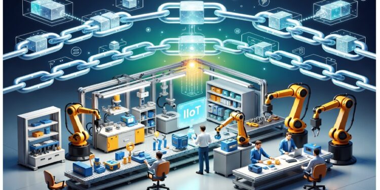 Laboratorio industrial con brazos robóticos y personal en escritorios, bajo cadena digital luminosa y bloque central conectado que alude a IIoT y automatización segura.