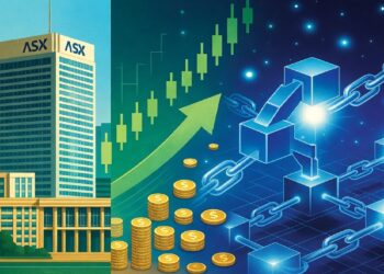 Edificio ASX junto a monedas y flecha ascendente, contrastado con cubos brillantes y cadenas digitales sobre fondo azul oscuro que evocan conexión entre finanzas y tecnología.