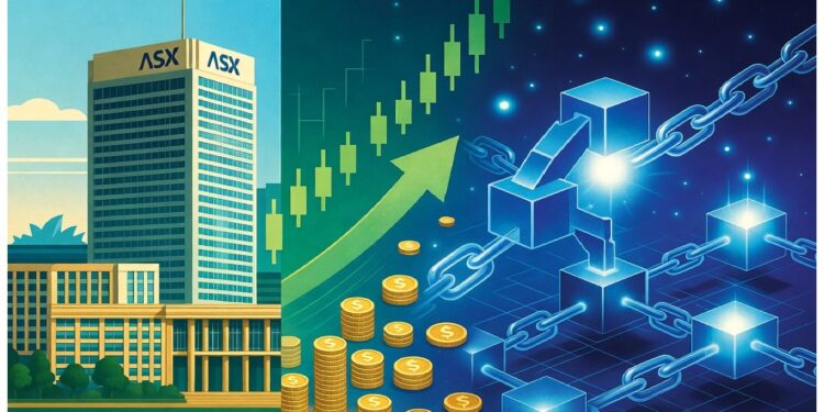 Edificio ASX junto a monedas y flecha ascendente, contrastado con cubos brillantes y cadenas digitales sobre fondo azul oscuro que evocan conexión entre finanzas y tecnología.