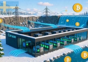 Instalación minera en paisaje nevado con edificio iluminado, máquinas activas y símbolos de bitcoin flotando, junto a represa y líneas eléctricas que sugieren energía hídrica.