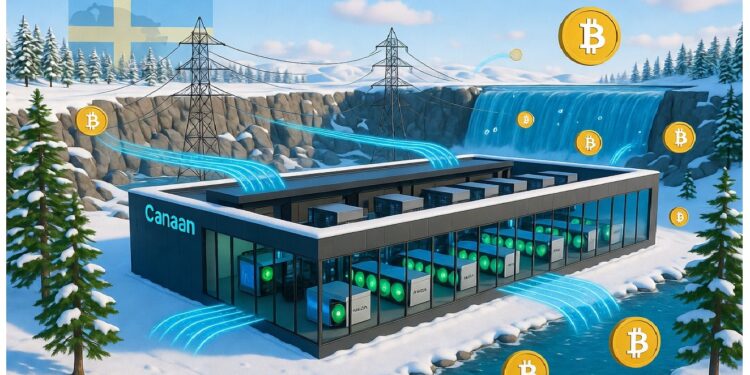 Instalación minera en paisaje nevado con edificio iluminado, máquinas activas y símbolos de bitcoin flotando, junto a represa y líneas eléctricas que sugieren energía hídrica.