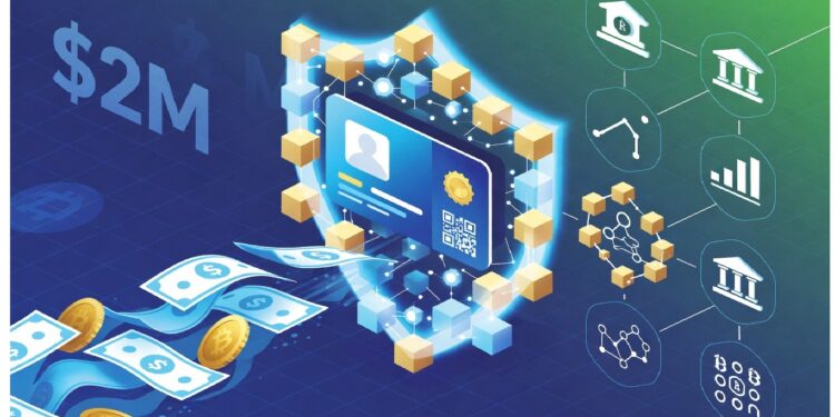 Tarjeta digital rodeada de nodos brillantes y símbolos financieros, con billetes y monedas fluyendo hacia ella y un fondo que destaca un valor de dos millones.