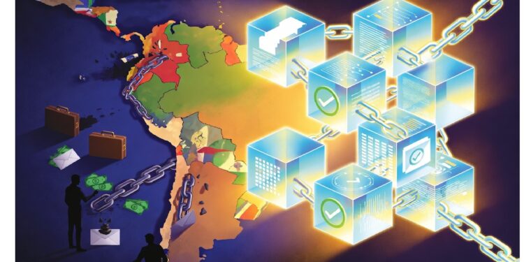 Mapa de Latinoamérica conectado por cadena digital a cubos brillantes con íconos de verificación y seguridad, mientras siluetas intercambian dinero y documentos al costado.