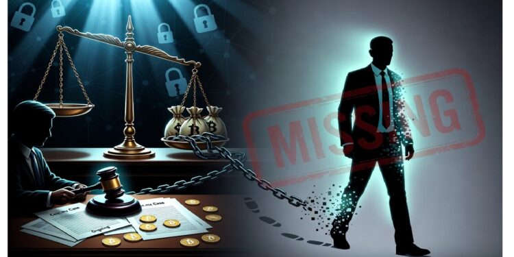 Mazo, balanza y bolsas con bitcoin encadenadas sobre documentos legales, mientras figura humana se desvanece con sello rojo MISSING, sugiriendo caso financiero crítico.