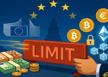 Una mano con un letrero rojo de límite separa billetes en euros de símbolos de criptomonedas, bajo iconografía de la Unión Europea que sugiere regulación financiera.