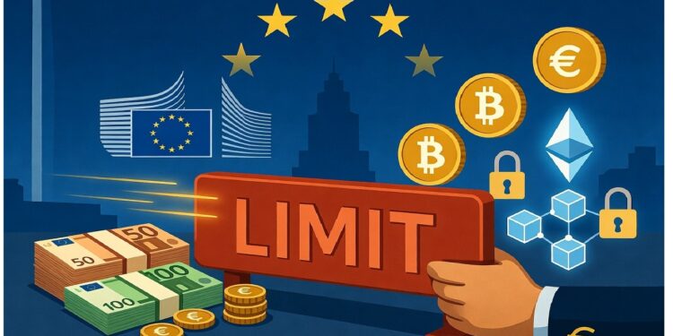 Una mano con un letrero rojo de límite separa billetes en euros de símbolos de criptomonedas, bajo iconografía de la Unión Europea que sugiere regulación financiera.