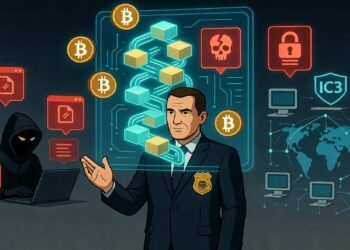 Agente frente a panel holográfico con cadenas de datos y símbolos de bitcoin, mientras un hacker encapuchado opera un computador y monitores muestran un mapa global.