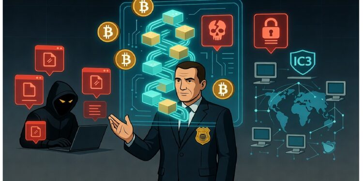 Agente frente a panel holográfico con cadenas de datos y símbolos de bitcoin, mientras un hacker encapuchado opera un computador y monitores muestran un mapa global.