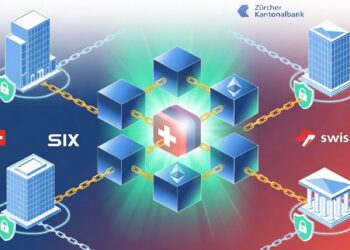 Red de cubos conectados con bandera suiza al centro, enlazando edificios financieros como ZKB, SIX y Swisscom, simbolizando infraestructura blockchain segura y colaborativa.