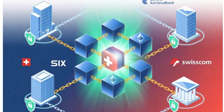 Red de cubos conectados con bandera suiza al centro, enlazando edificios financieros como ZKB, SIX y Swisscom, simbolizando infraestructura blockchain segura y colaborativa.