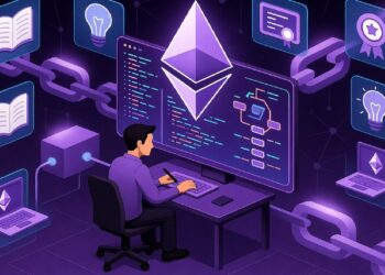 Persona frente a un computador con código y logo de Ethereum, rodeada de íconos de ideas, libros y certificados unidos por enlaces que evocan aprendizaje y tecnología blockchain.