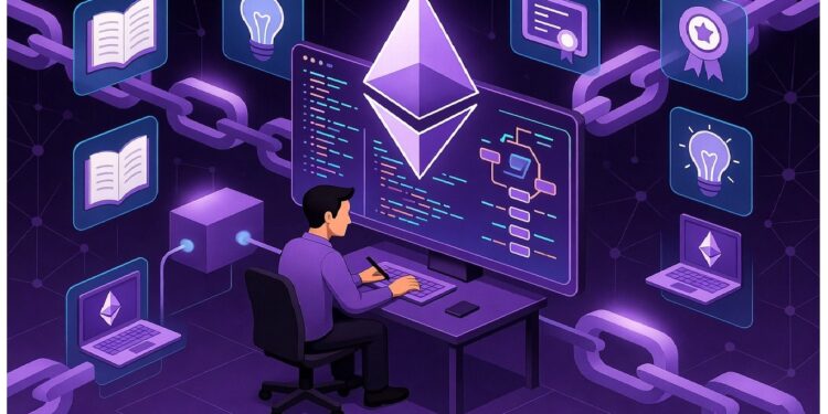 Persona frente a un computador con código y logo de Ethereum, rodeada de íconos de ideas, libros y certificados unidos por enlaces que evocan aprendizaje y tecnología blockchain.