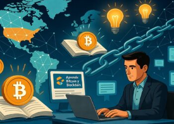 Persona en escritorio usando laptop frente a mapa mundial con nodos, rodeada de bitcoins, libros, certificados y cadena superior que simboliza aprendizaje sobre Bitcoin y blockchain.