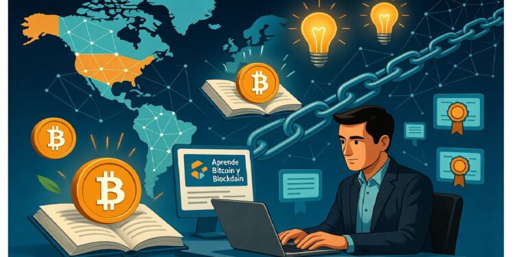 Persona en escritorio usando laptop frente a mapa mundial con nodos, rodeada de bitcoins, libros, certificados y cadena superior que simboliza aprendizaje sobre Bitcoin y blockchain.