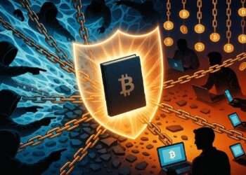Escudo con símbolo de bitcoin separa lado azul con figuras amenazantes de lado naranja con personas en laptops unidas por cadenas, representando seguridad frente a ataques.
