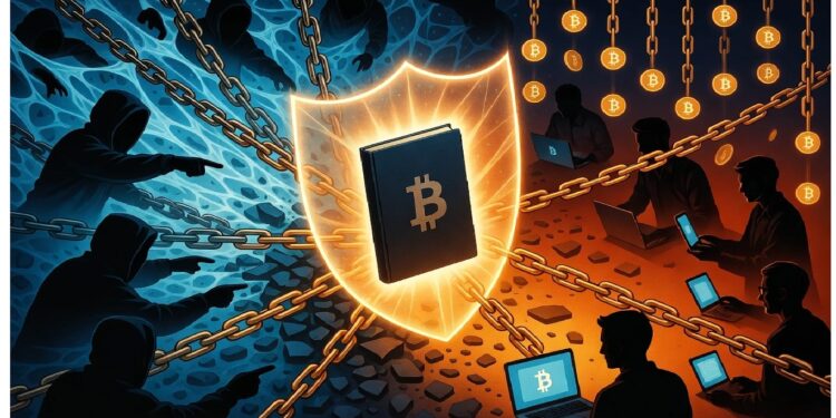 Escudo con símbolo de bitcoin separa lado azul con figuras amenazantes de lado naranja con personas en laptops unidas por cadenas, representando seguridad frente a ataques.