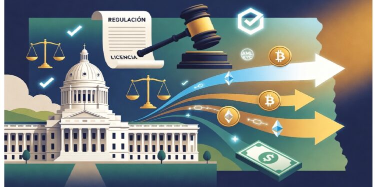 Edificio gubernamental con mazo, balanza y documentos de regulación, mientras flechas proyectan criptomonedas y billete, aludiendo a supervisión estatal de activos digitales.