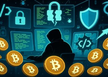 Figura encapuchada frente a múltiples pantallas con íconos de seguridad y código, rodeada de símbolos de bitcoin que sugieren actividad digital riesgosa en la oscuridad.