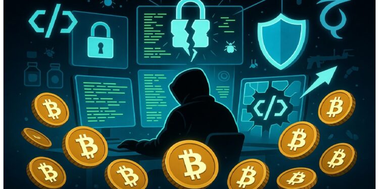 Figura encapuchada frente a múltiples pantallas con íconos de seguridad y código, rodeada de símbolos de bitcoin que sugieren actividad digital riesgosa en la oscuridad.