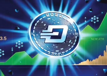 Moneda Dash brillante sobre destello azul con gráfico ascendente al fondo marcado con $23.5 y NEW ATH, rodeada de estructuras geométricas que evocan tecnología financiera.