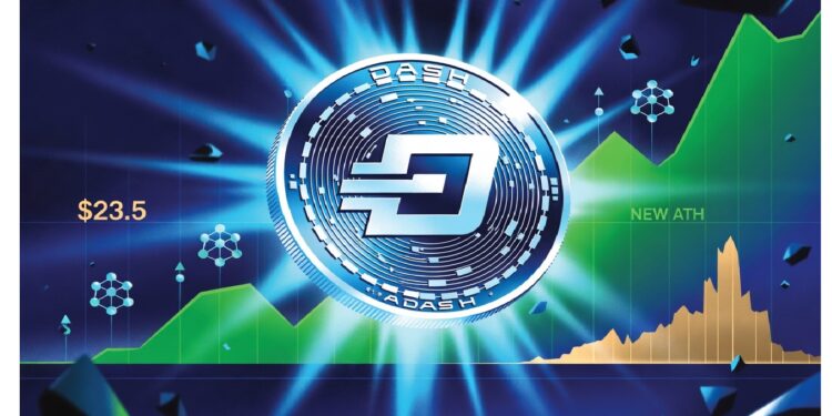 Moneda Dash brillante sobre destello azul con gráfico ascendente al fondo marcado con $23.5 y NEW ATH, rodeada de estructuras geométricas que evocan tecnología financiera.