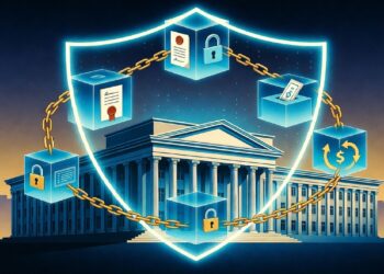 Edificio institucional rodeado de escudo luminoso y cadena con cubos que muestran íconos de seguridad y transacciones, evocando protección digital de infraestructura financiera.