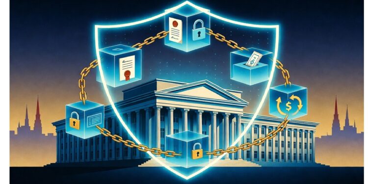 Edificio institucional rodeado de escudo luminoso y cadena con cubos que muestran íconos de seguridad y transacciones, evocando protección digital de infraestructura financiera.