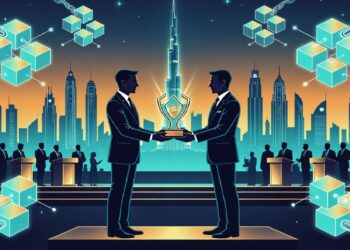 Dos ejecutivos sostienen un trofeo con símbolo digital, rodeados de cubos conectados y ciudad futurista al fondo, evocando colaboración y logros tecnológicos.