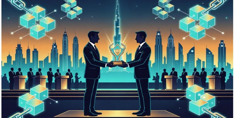 Dos ejecutivos sostienen un trofeo con símbolo digital, rodeados de cubos conectados y ciudad futurista al fondo, evocando colaboración y logros tecnológicos.