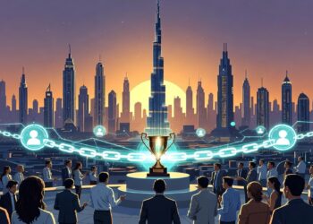 Profesionales reunidos frente a trofeo dorado conectado por cadena luminosa, con Burj Khalifa y ciudad futurista al atardecer evocando colaboración e innovación.