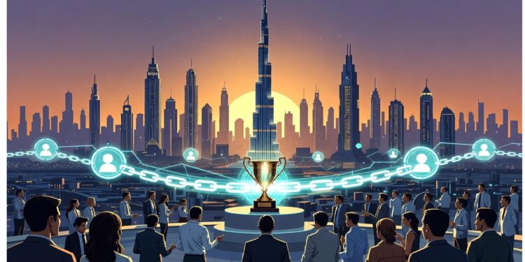 Profesionales reunidos frente a trofeo dorado conectado por cadena luminosa, con Burj Khalifa y ciudad futurista al atardecer evocando colaboración e innovación.