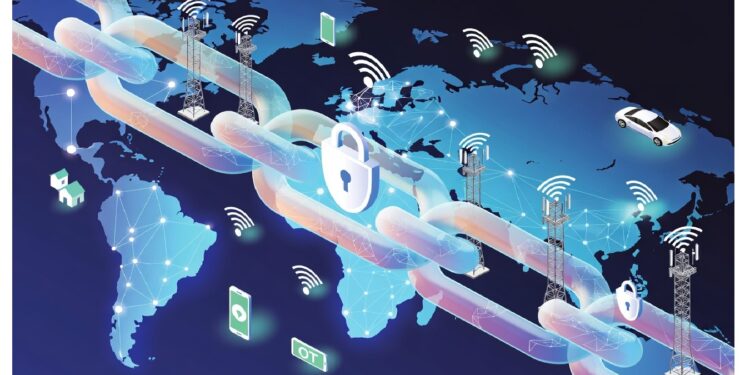 Mapa mundial con cadena y candados atravesándolo, rodeado de antenas, smartphones y auto conectado, simbolizando ciberseguridad y redes globales de comunicación e IoT.