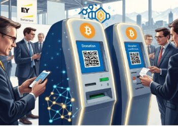 Personas en traje interactúan en un evento empresarial con kioscos de donación en bitcoin que muestran códigos QR y confirmaciones, en un salón luminoso con vista urbana.
