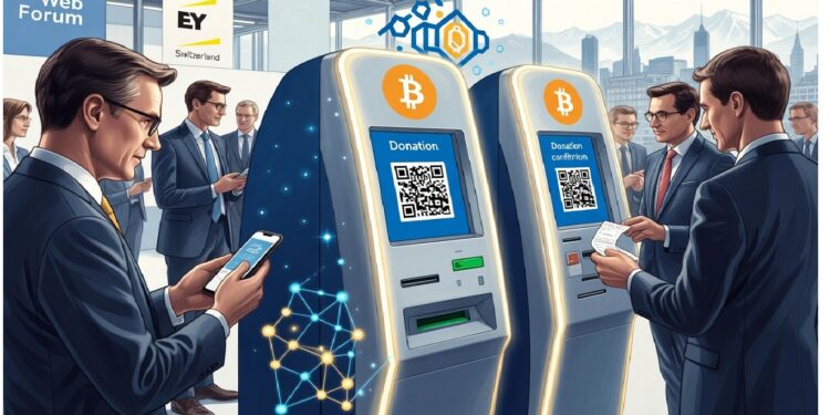 Personas en traje interactúan en un evento empresarial con kioscos de donación en bitcoin que muestran códigos QR y confirmaciones, en un salón luminoso con vista urbana.