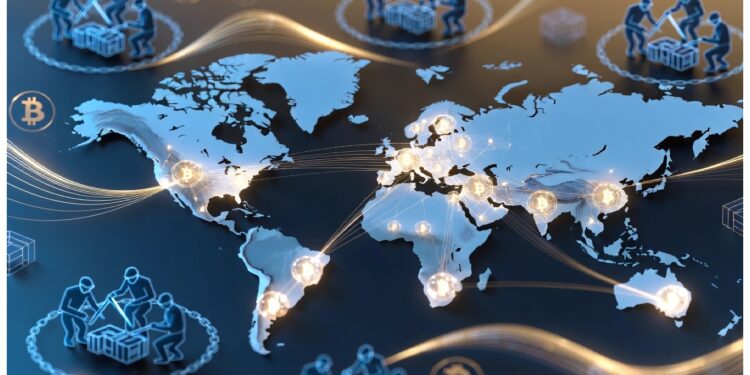 Mapa mundial oscuro con puntos brillantes conectados y figuras moviendo cajas junto a símbolos de bitcoin, evocando redes globales y colaboración digital descentralizada.